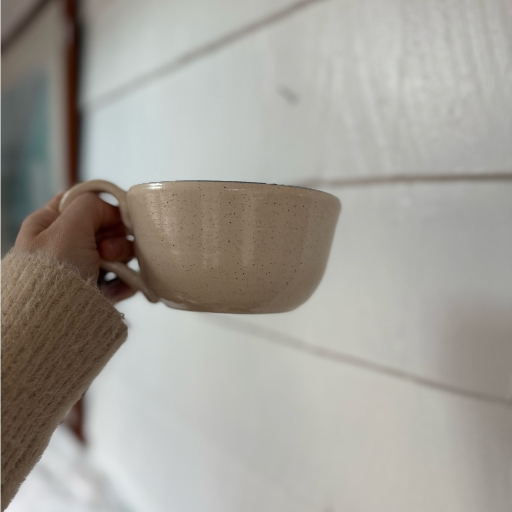 Set of 3 vintage 90s speckled cream with blue rim studio pottery Mug and bowls - Picture 11 of 12